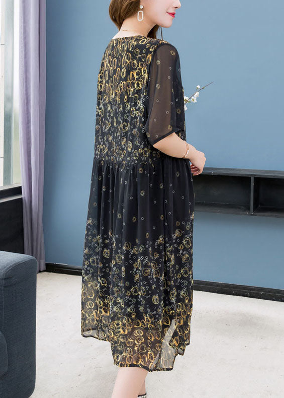 Fine Yellow Print Wrinkled Patchwork Chiffon Dresses Summer Ada Fashion