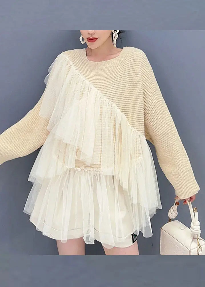 Fitted Beige O-Neck Asymmetrical Tulle Patchwork Knit Tops Fall Ada Fashion