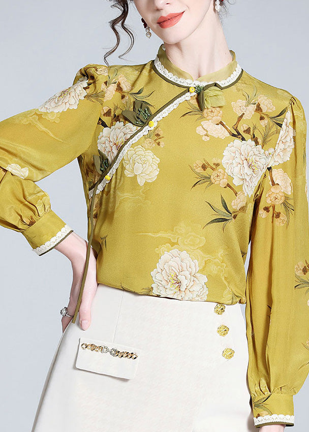 Fitted Yellow Stand Collar Print Silk Shirts AC3014 - fabuloryshop