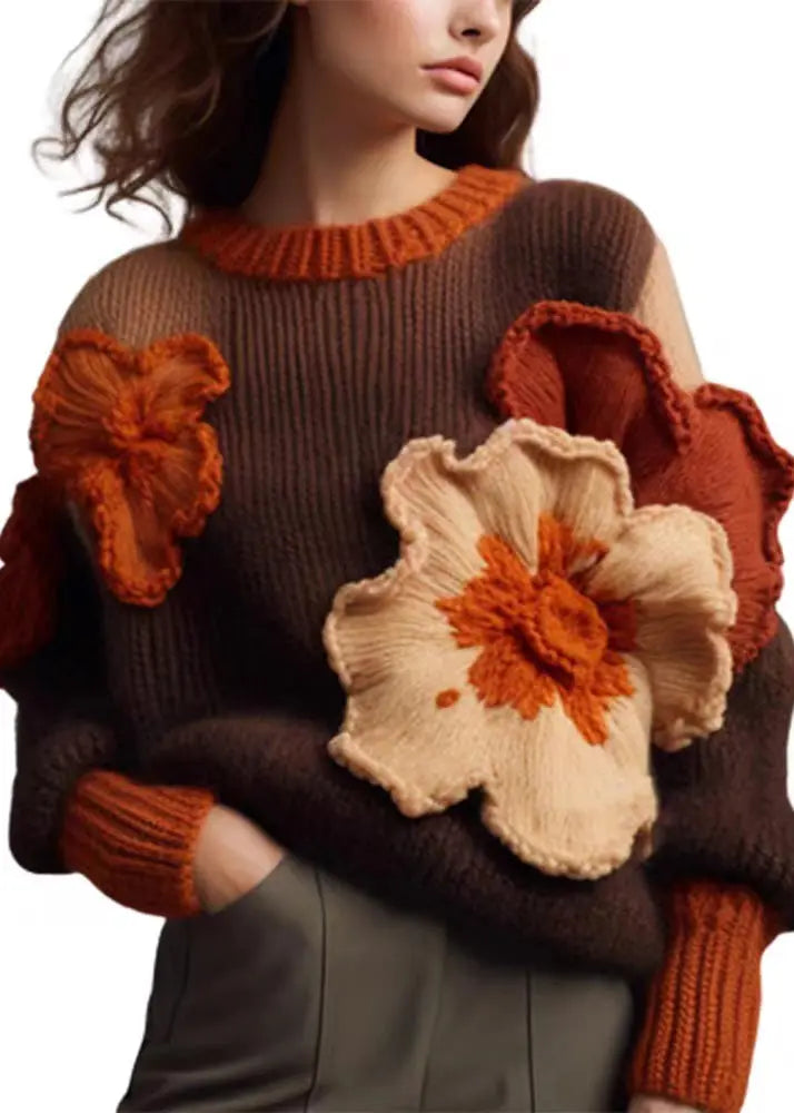 Floral Brown O Neck Cotton Knit Sweaters Long Sleeve Ada Fashion