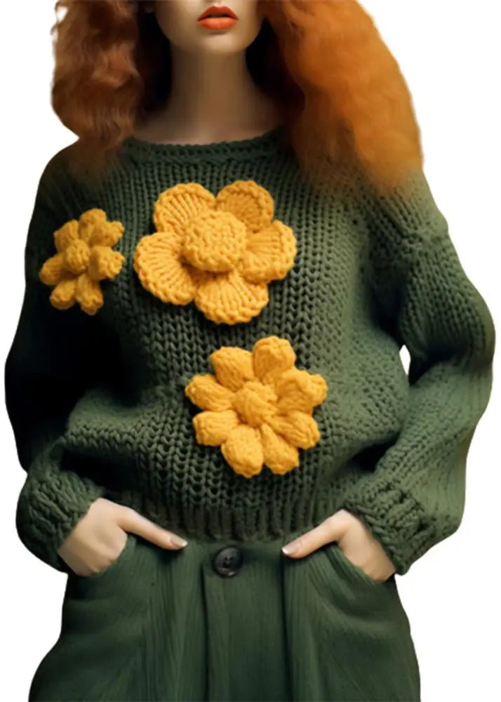 Floral Green O Neck Hollow Out Cotton Knit Top Fall Ada Fashion