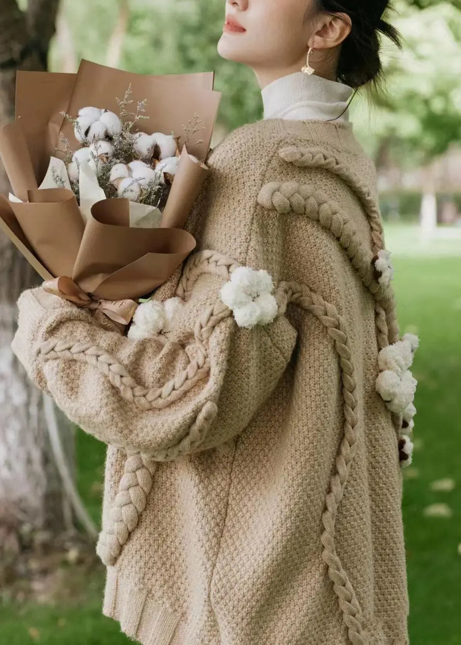 Floral Khaki V Neck Cable Knit Cardigan Fall Ada Fashion