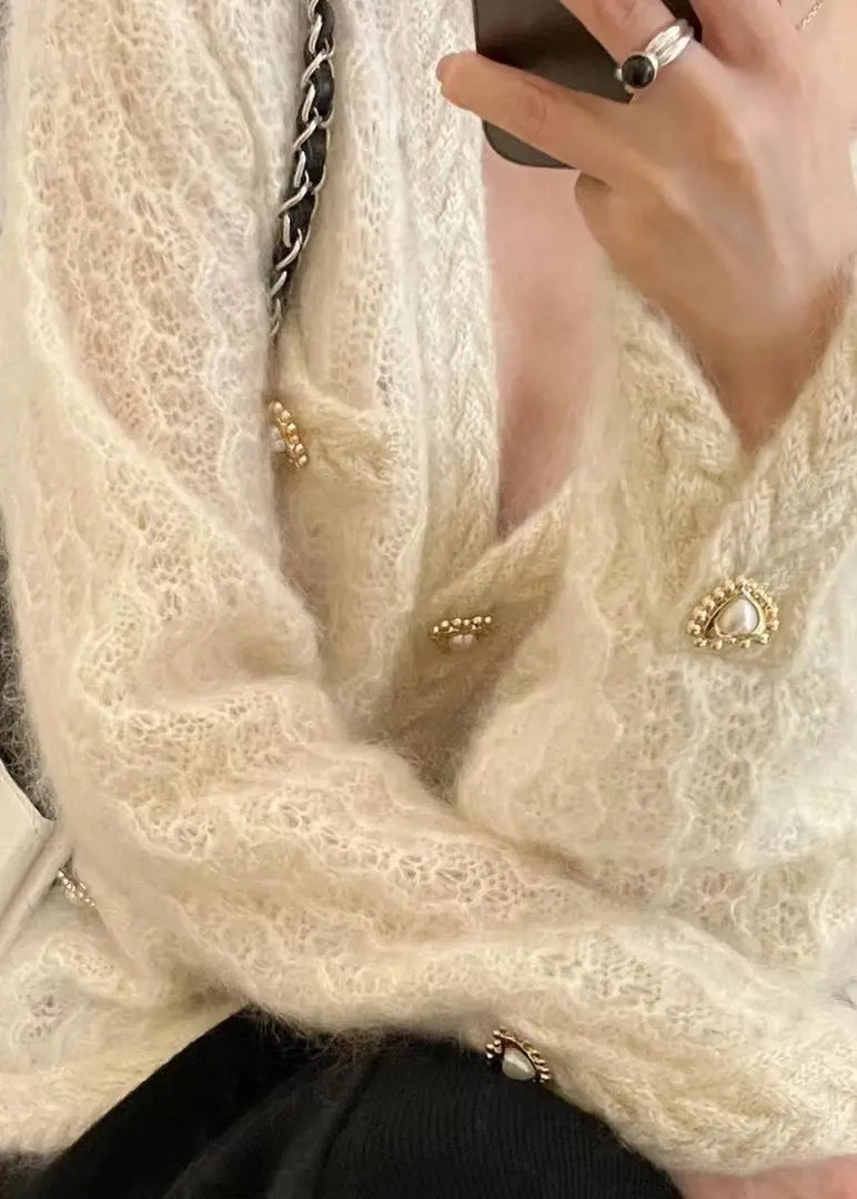 French Apricot Button Hollow Out Cotton Knit Coats Fall Ada Fashion