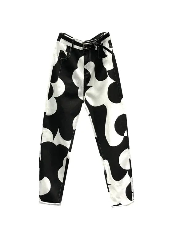 French Asymmetrical Print Pockets Patchwork Denim Pants Fall Ada Fashion