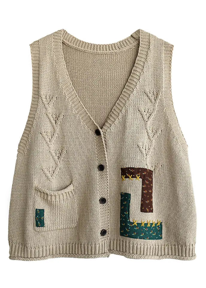 French Beige V Neck Button Pockets Cotton Knit Waistcoat Sleeveless Ada Fashion