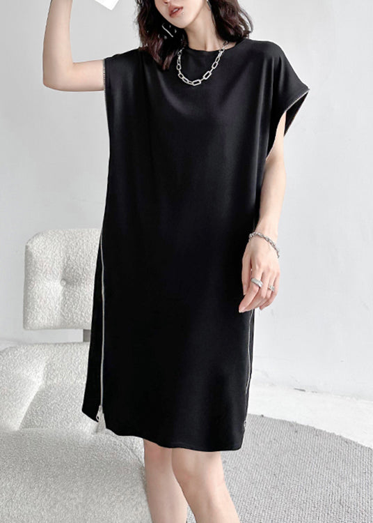 French Black O-Neck Zip Up Patchwork Cotton Mid Dress Summer Ada Fashion
