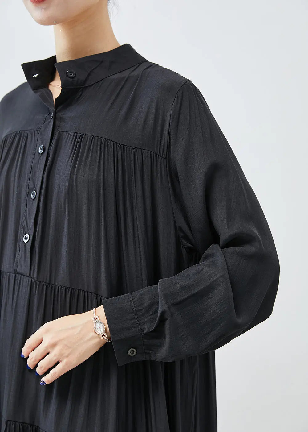 French Black Oversized Patchwork Wrinkled Cotton Dress Fall Ada Fashion