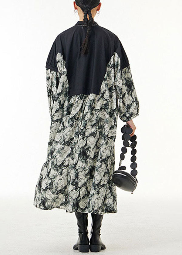 French Black Peter Pan Collar Print Patchwork Cotton Shirts Dress Spring LY1172 - fabuloryshop