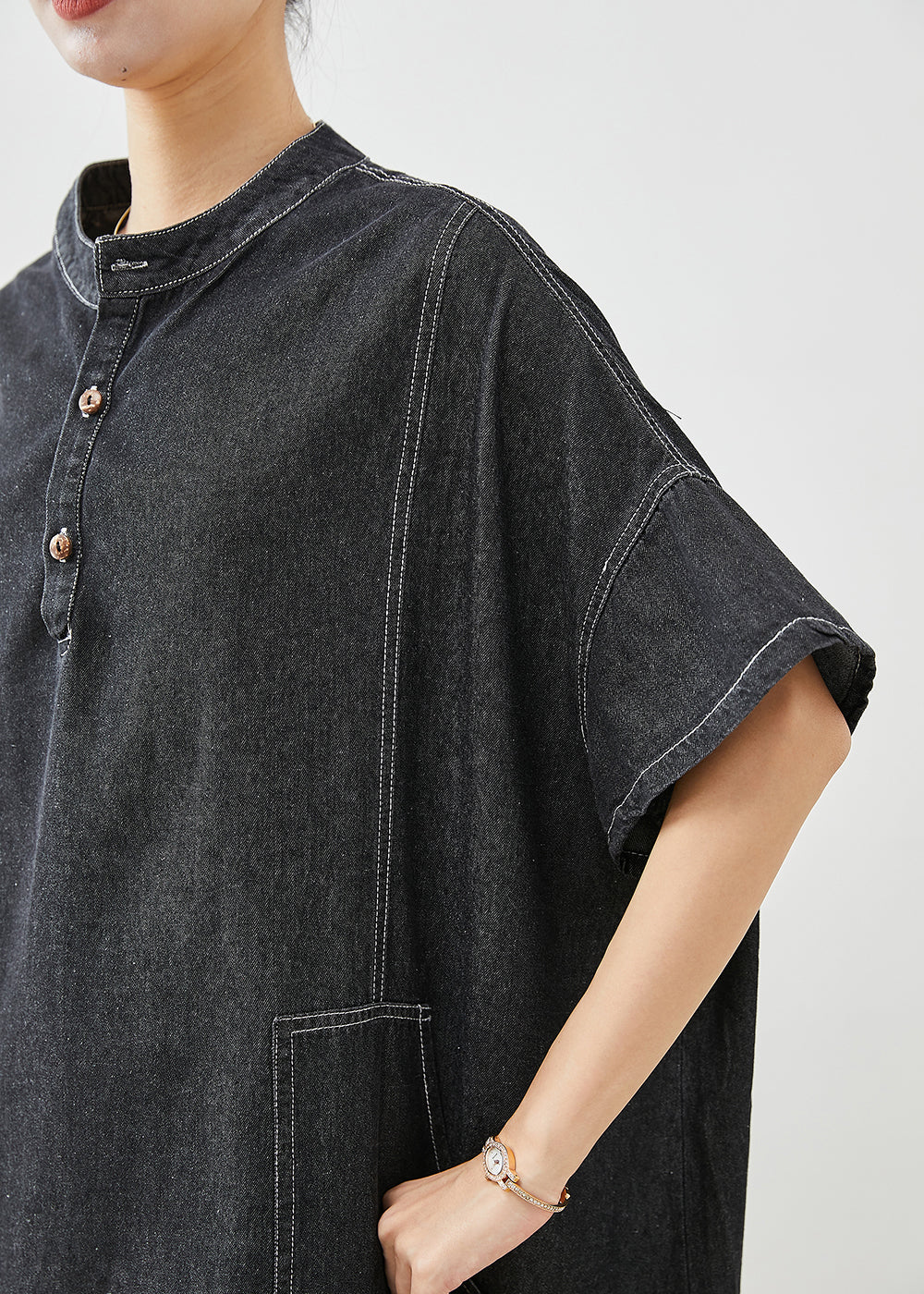 French Black Stand Collar Oversized Denim Holiday Dress Short Sleeve Ada Fashion