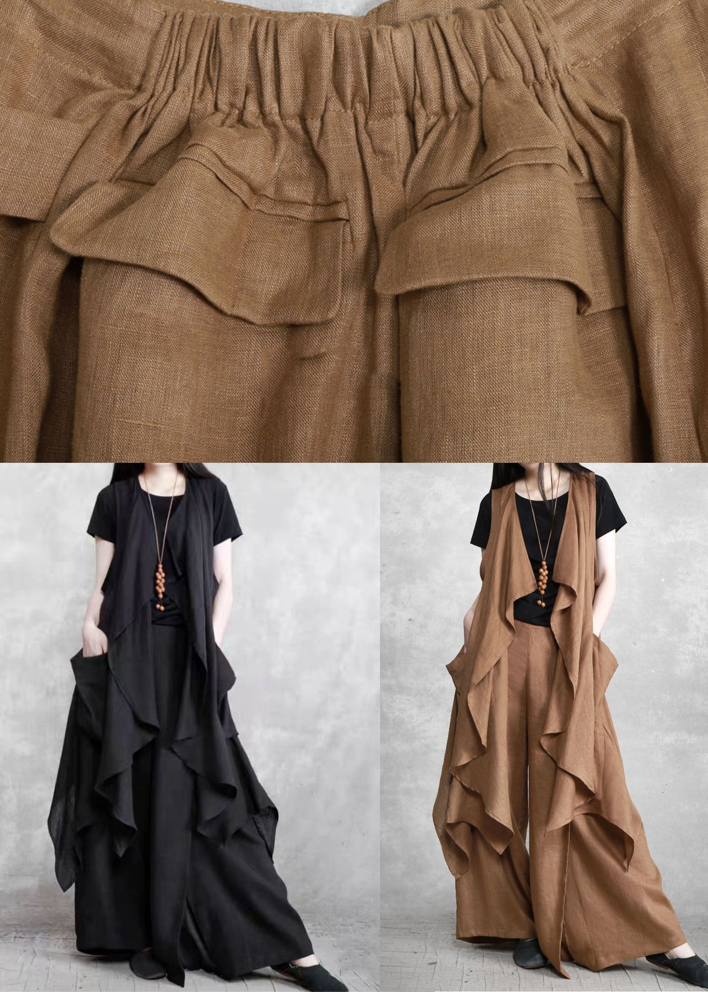 French Camel Asymmetrical Patchwork Linen Two Pieces Set Summer LY5162 - fabuloryshop