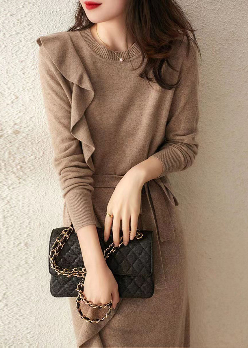 French Camel Ruffled Tie Waist Patchwork Woolen Long Dress Fall LY9613