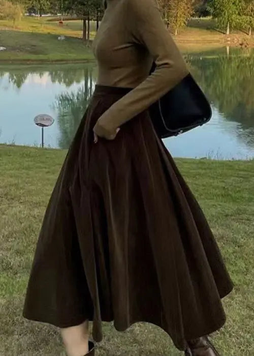 French Coffee High Waist Pockets Silk Velour Skirt Fall Ada Fashion