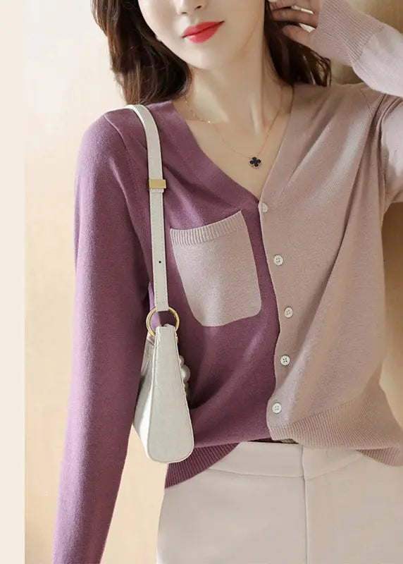 French Colorblock Asymmetrical Button Patchwork Knit Coats Long Sleeve Ada Fashion