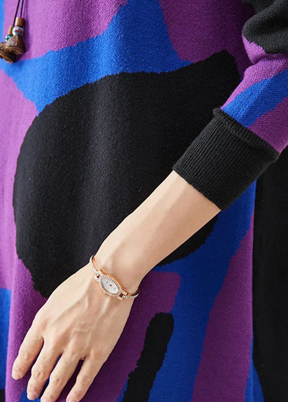 French Colorblock Turtle Neck Print Knit A Line Dresses Fall Ada Fashion