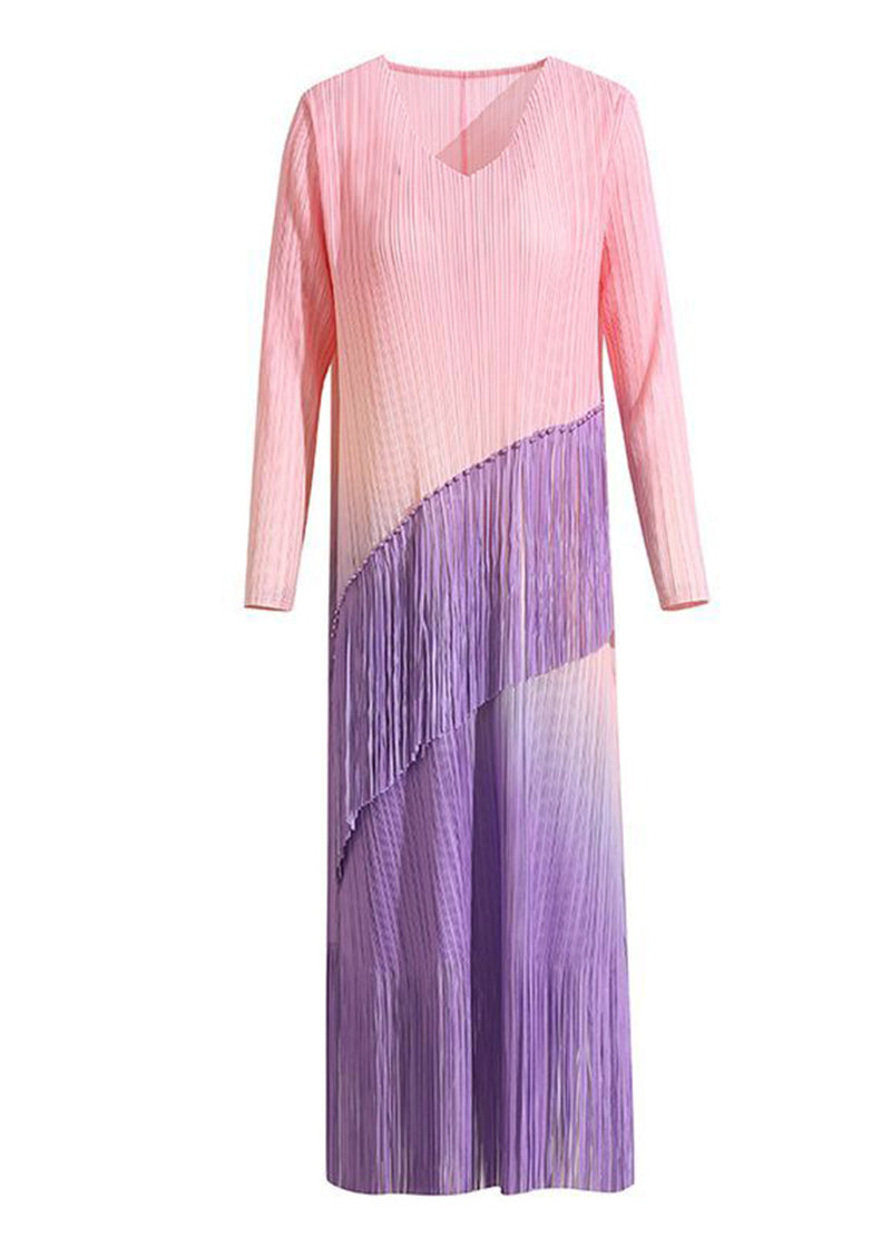French Gradient Color V Neck Patchwork Tassel Nail Bead Long Dress Summer LY2743 - fabuloryshop