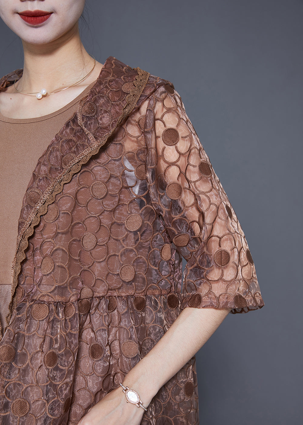 French Khaki Hooded Embroideried Tulle Two Pieces Set Summer LY3650 - fabuloryshop