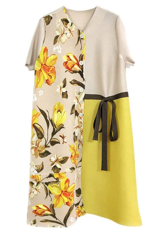 French Khaki O-Neck Print Patchwork Wrinkled Tie Waist Mid Dresses Summer TI1017 - fabuloryshop