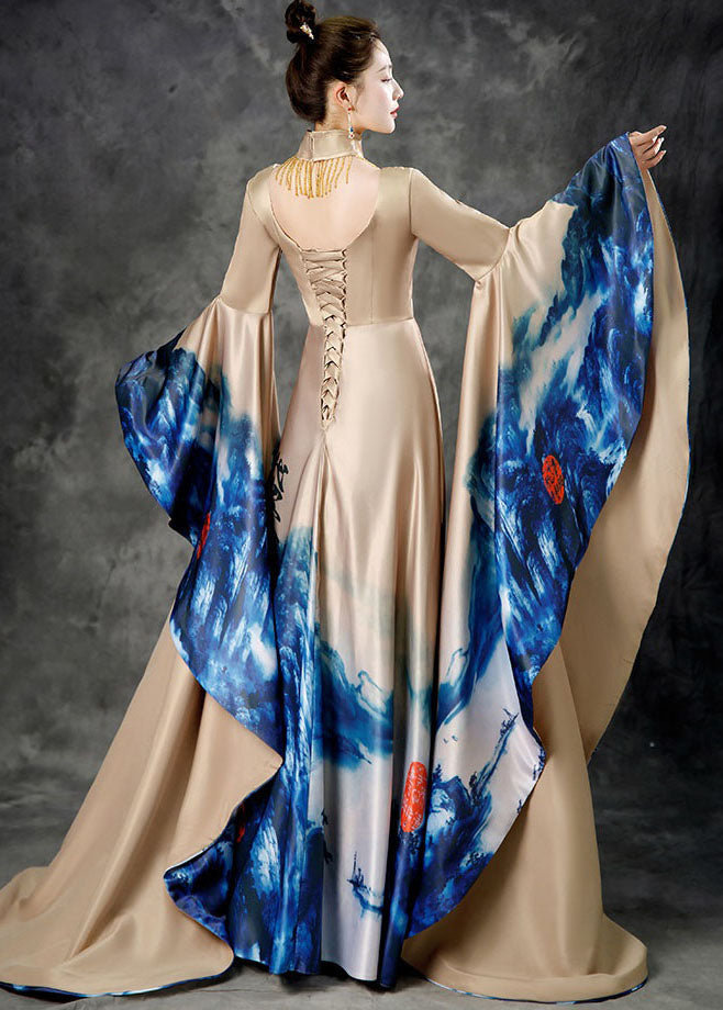 French Khaki Stand Collar Print High Waist Maxi Dresses Long Sleeve Ada Fashion