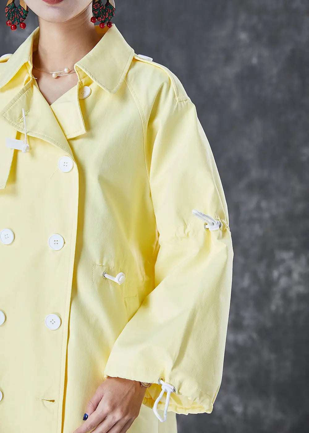French Light Yellow Drawstring Double Breast Cotton Trench Fall Ada Fashion