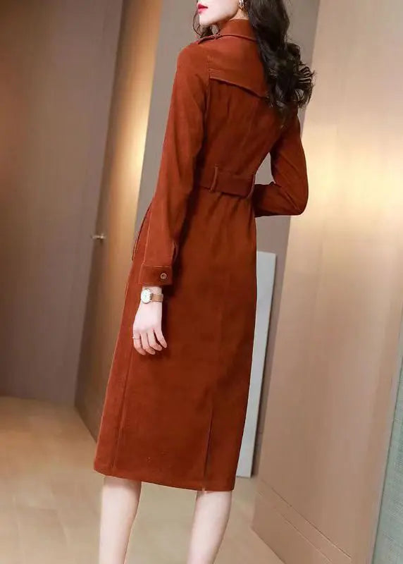French Orange Peter Pan Collar Tie Waist Patchwork Corduroy Dress Fall Ada Fashion