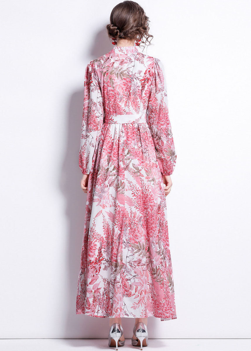 French Pink V Neck Tie Waist Print Patchwork Cotton Long Dresses Lantern Sleeve LY7430 - fabuloryshop