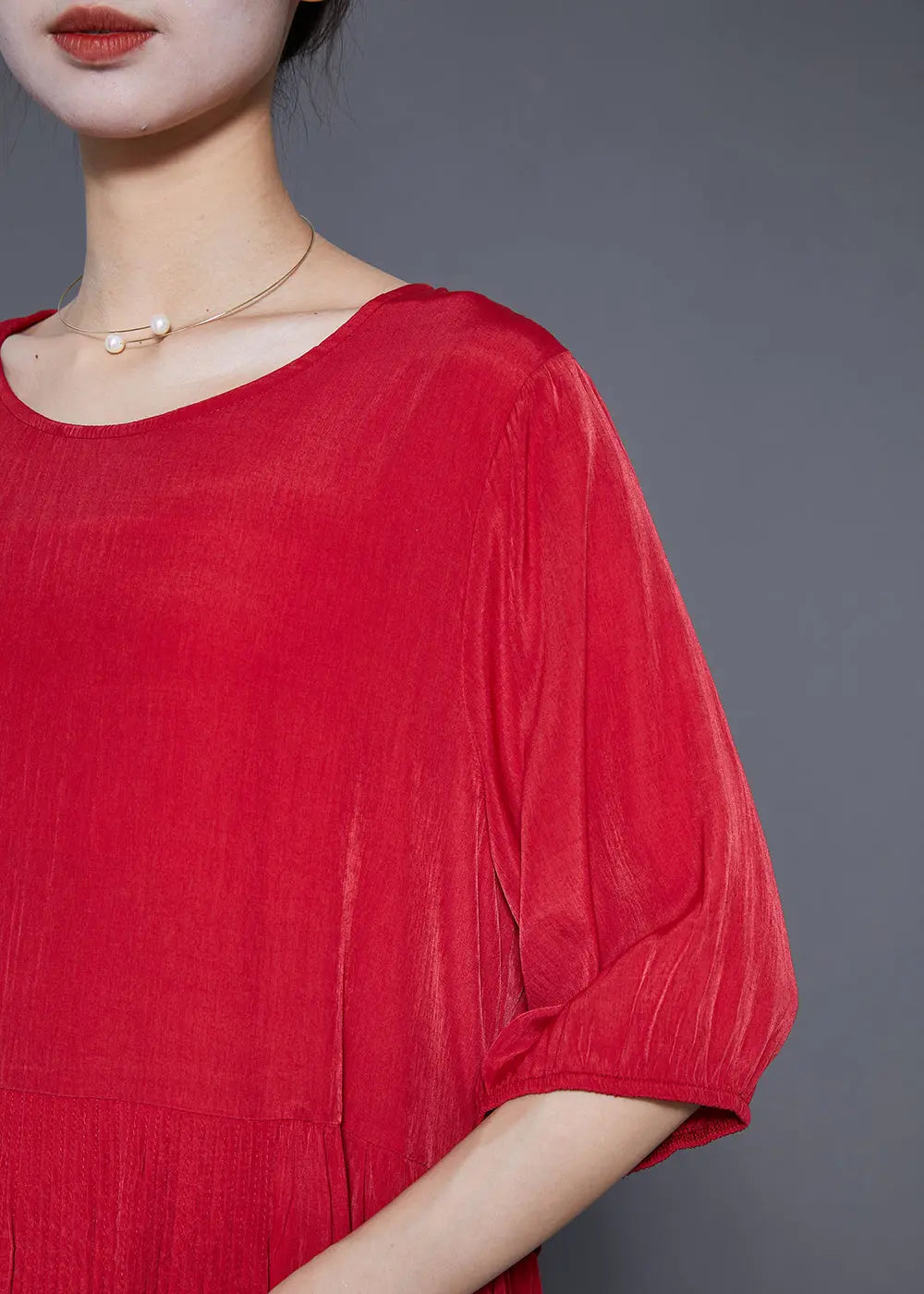 French Red Wrinkled Tie Waist Linen Long Dresses Summer Ada Fashion