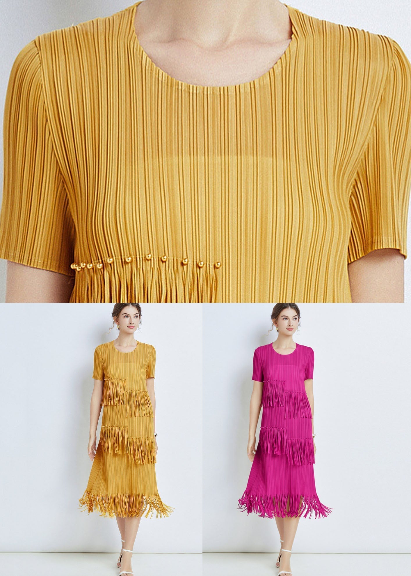 French Rose Tasseled Patchwork Wrinkled Chiffon Dresses Short Sleeve LY7456 - fabuloryshop