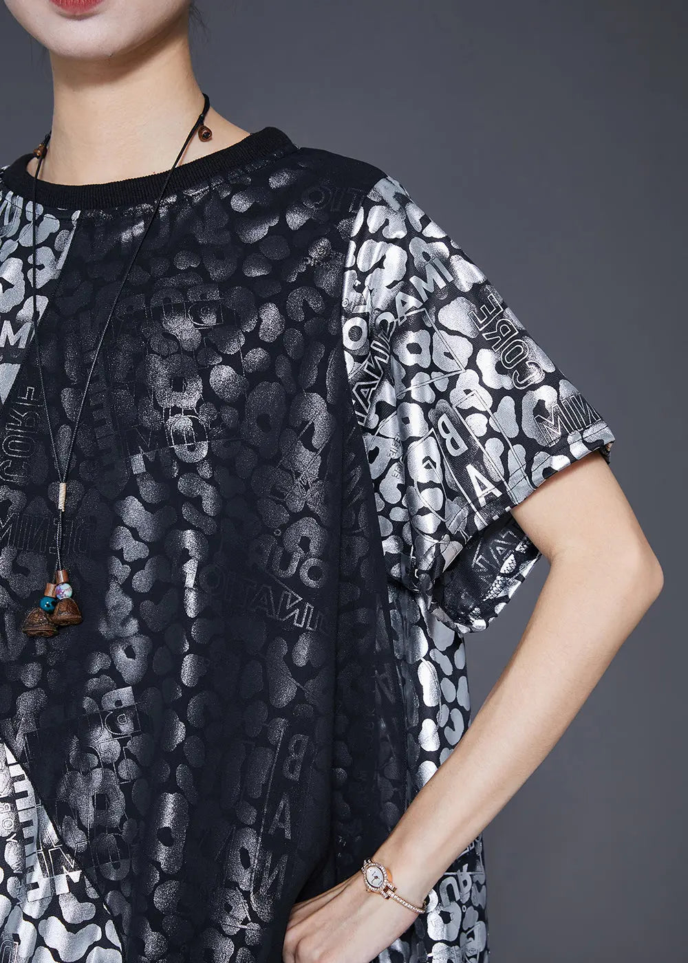 French Silvery Asymmetrical Patchwork Print Silk Two Pieces Set Fall Ada Fashion