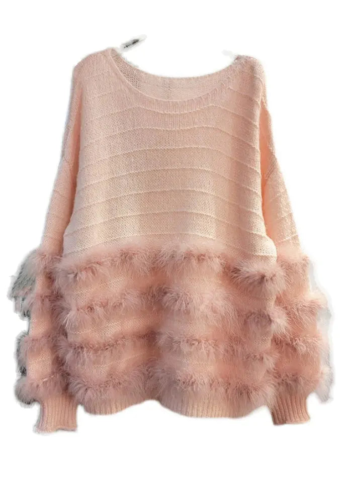 French White O-Neck Rabbit Hair Cotton Knit Top Fall Ada Fashion
