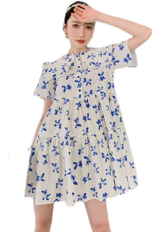 French White Peter Pan Collar Wrinkled Patchwork Print Cotton Shirt Dress Short Sleeve Ada Fashion