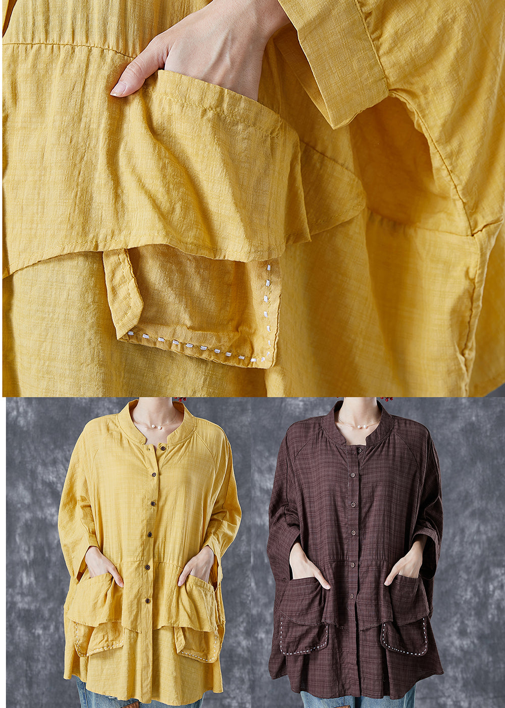 French Yellow Oversized Patchwork Linen Shirts Batwing Sleeve LY5097 - fabuloryshop