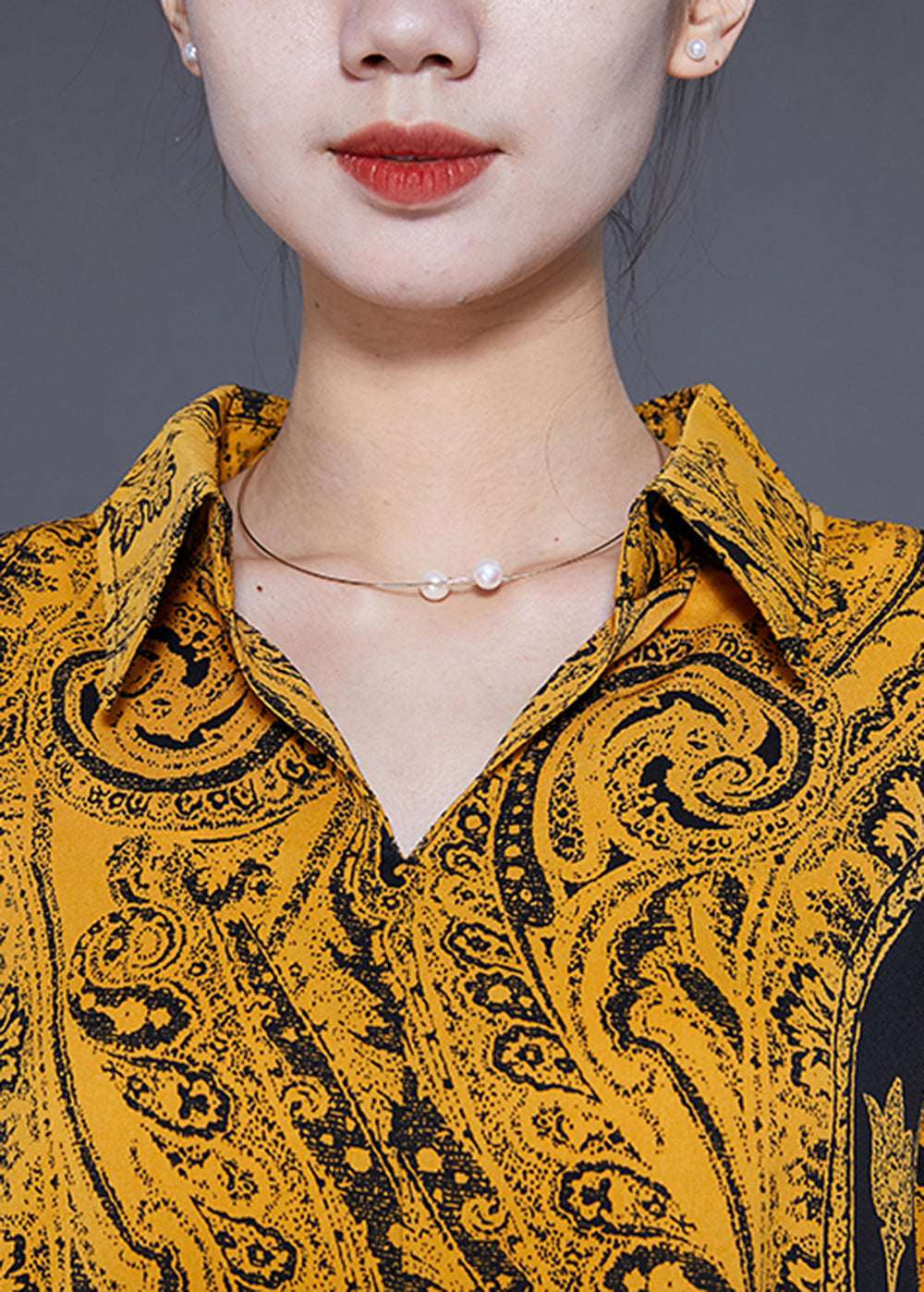 French Yellow Oversized Print Side Open Chiffon Shirt Lantern Sleeve LY3059 - fabuloryshop