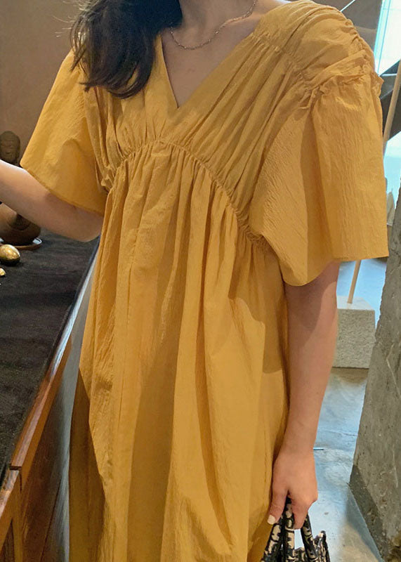 French Yellow V Neck Wrinkled Patchwork Cotton Long Dress Summer LY1352 - fabuloryshop
