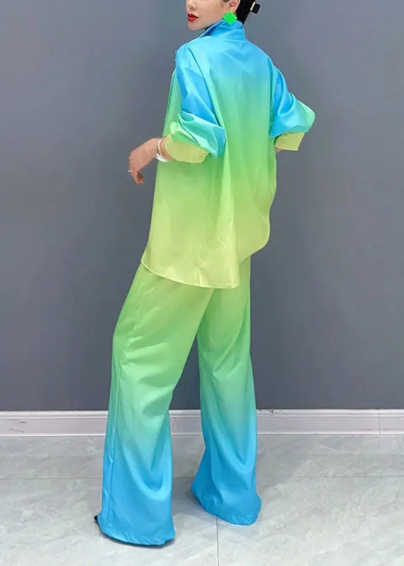 Gradient Color Yellow Peter Pan Collar Button Shirts And Pants Two Piece Set Fall Ada Fashion