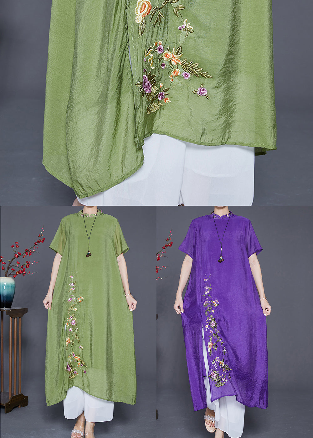 Grass Green Linen Silk Holiday Dress Embroideried Mandarin Collar Summer Ada Fashion