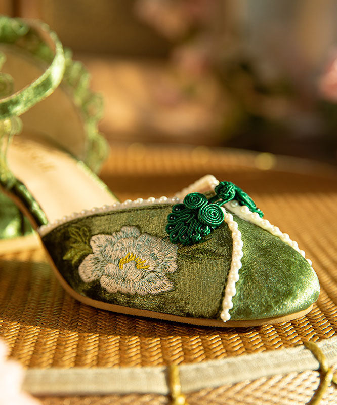 Green Chunky Heel Velour Fabric Nail Bead Embroidery Fine Splicing LY7697