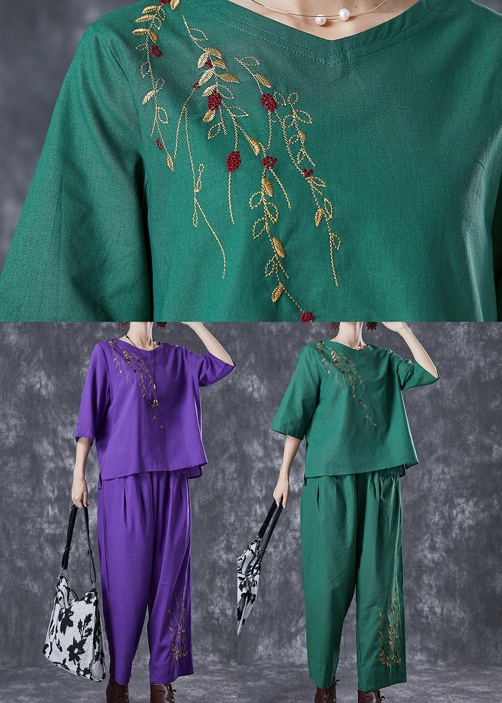 Green Loose Linen Two Pieces Set Embroideried Summer LY6751 - fabuloryshop