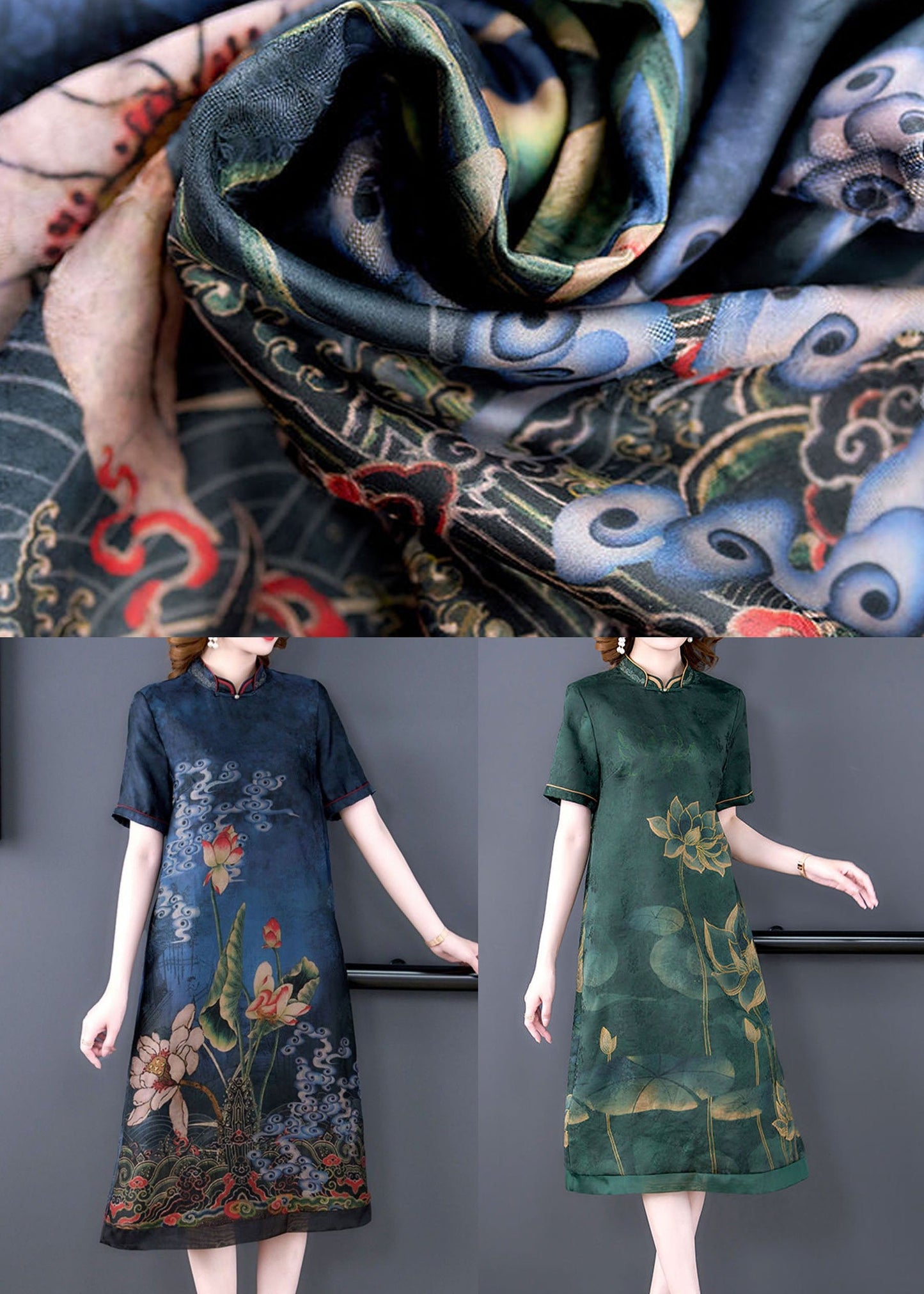 Green Lotus Print Silk A Line Skirts Stand Collar Summer LY2240 - fabuloryshop