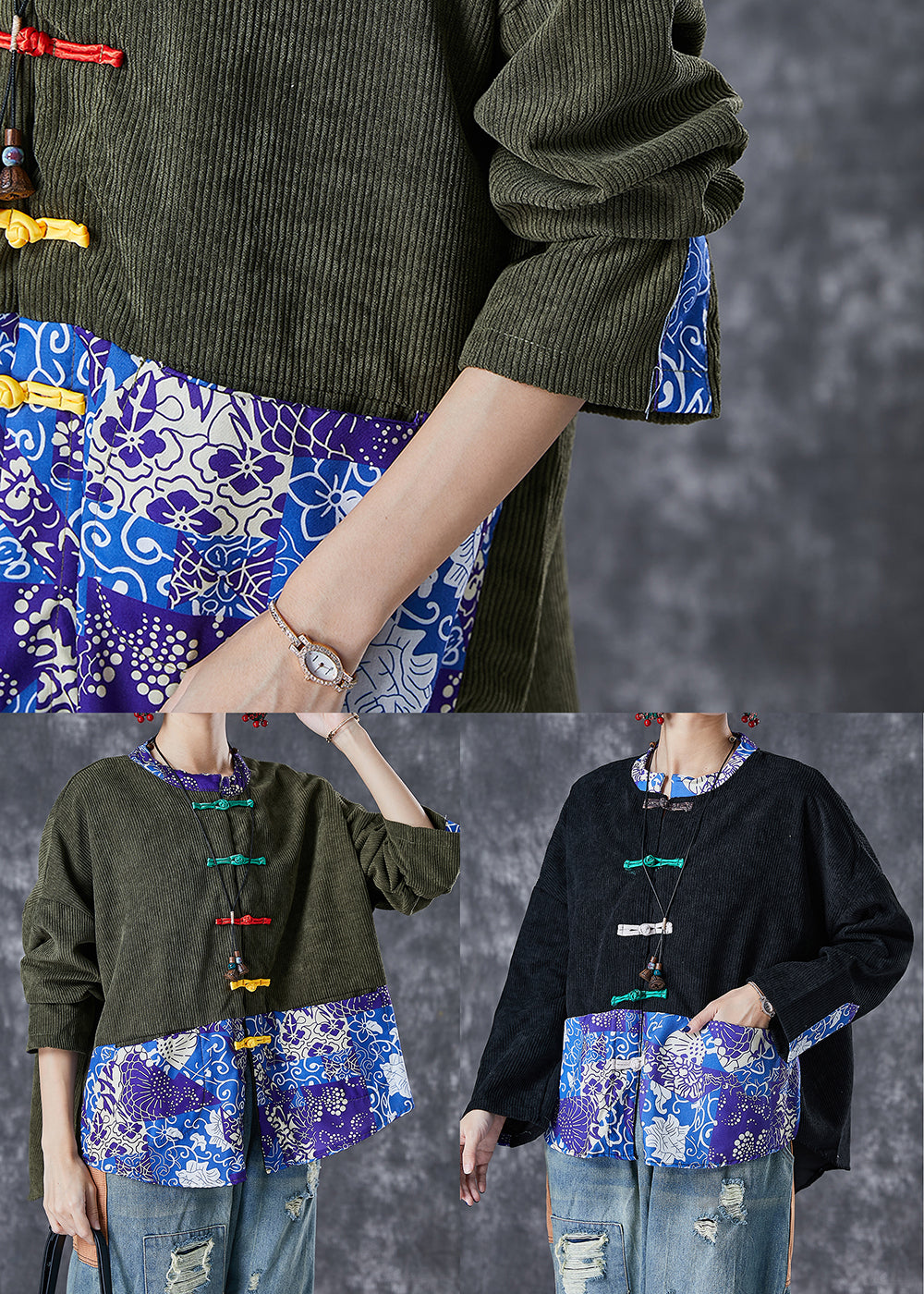 Green Patchwork Corduroy Coats Chinese Button Fall Ada Fashion