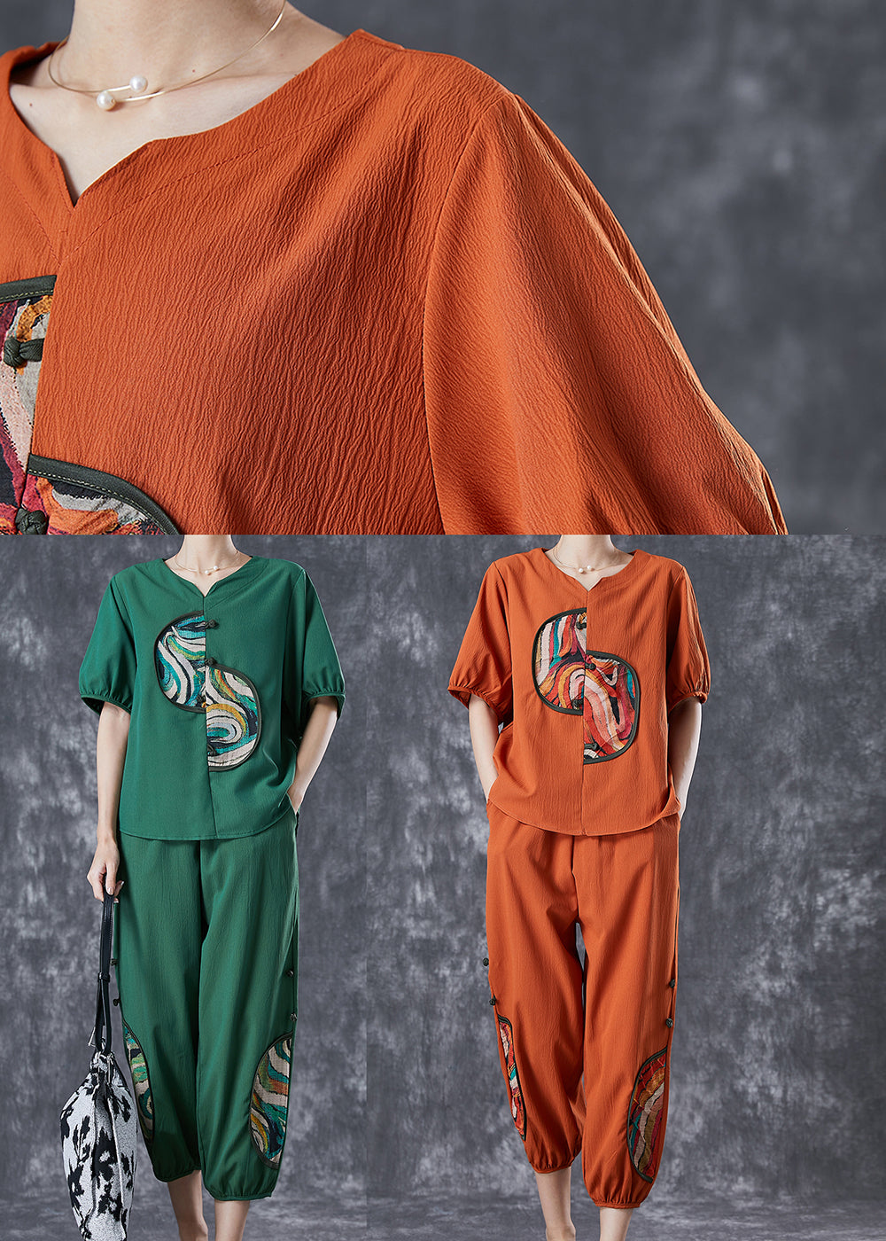 Green Patchwork Cotton Two Pieces Set Chinese Button Summer LY6790 - fabuloryshop