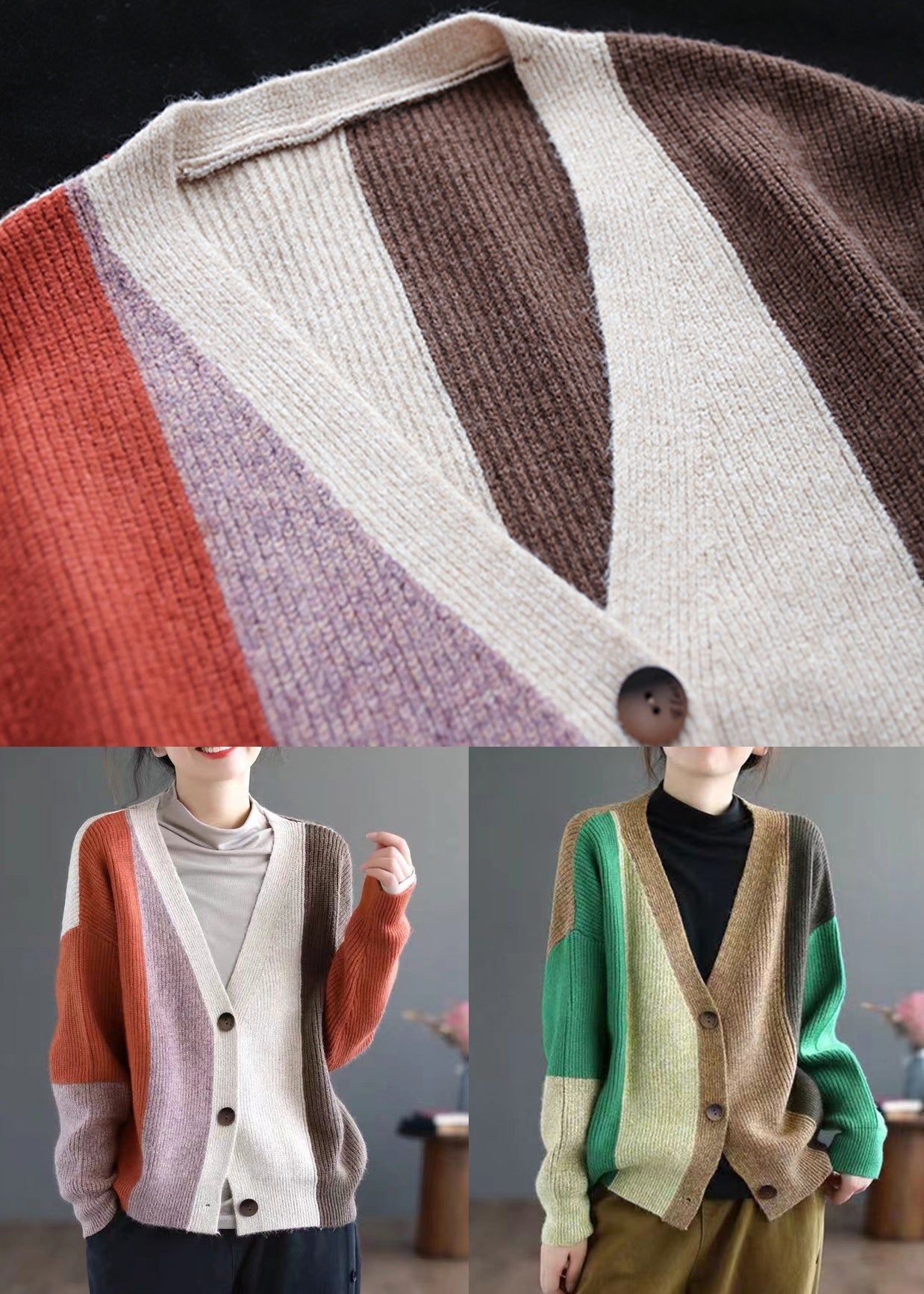 Green Patchwork Knitting Cardigan Top V Neck Long Sleeve Ada Fashion