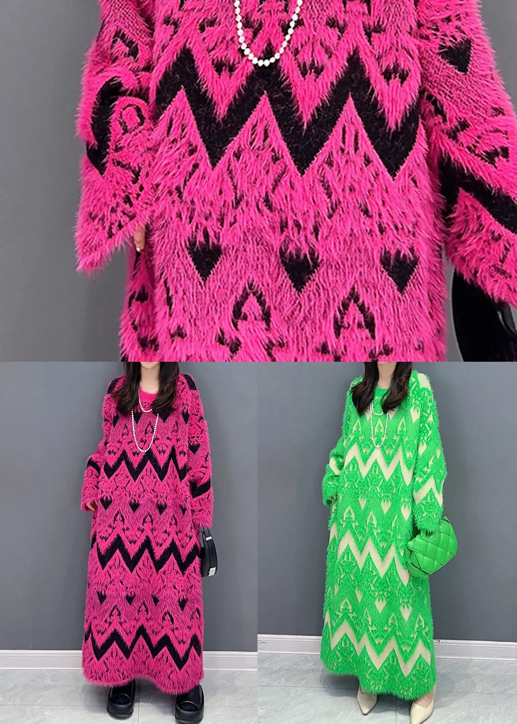 Green Patchwork Teddy Knit Sweater Dress O Neck Long Sleeve Ada Fashion