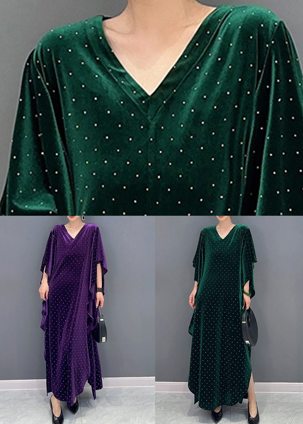 Green Side Open Patchwork Velour Long Dress V Neck Batwing Sleeve Ada Fashion