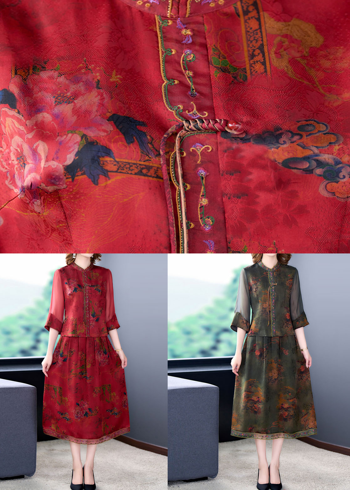 Green Silk Two Pieces Set Stand Collar Print Wrinkled Tasseled Summer LC0274 - fabuloryshop