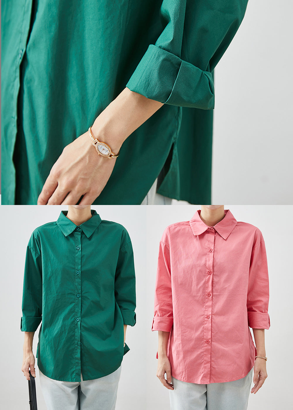 Green Silm Fitn Cotton Shirt Tops Peter Pan Collar Fall Ada Fashion