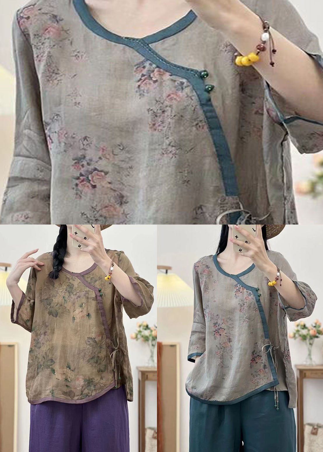 Grey Print Patchwork Linen Tops O Neck Lace Up Summer LY4131 - fabuloryshop