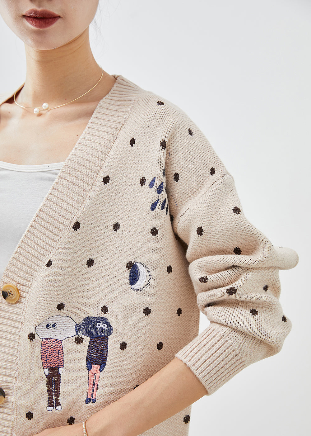 Handmade Beige Oversized Cartoon Print Knit Cardigan Fall Ada Fashion