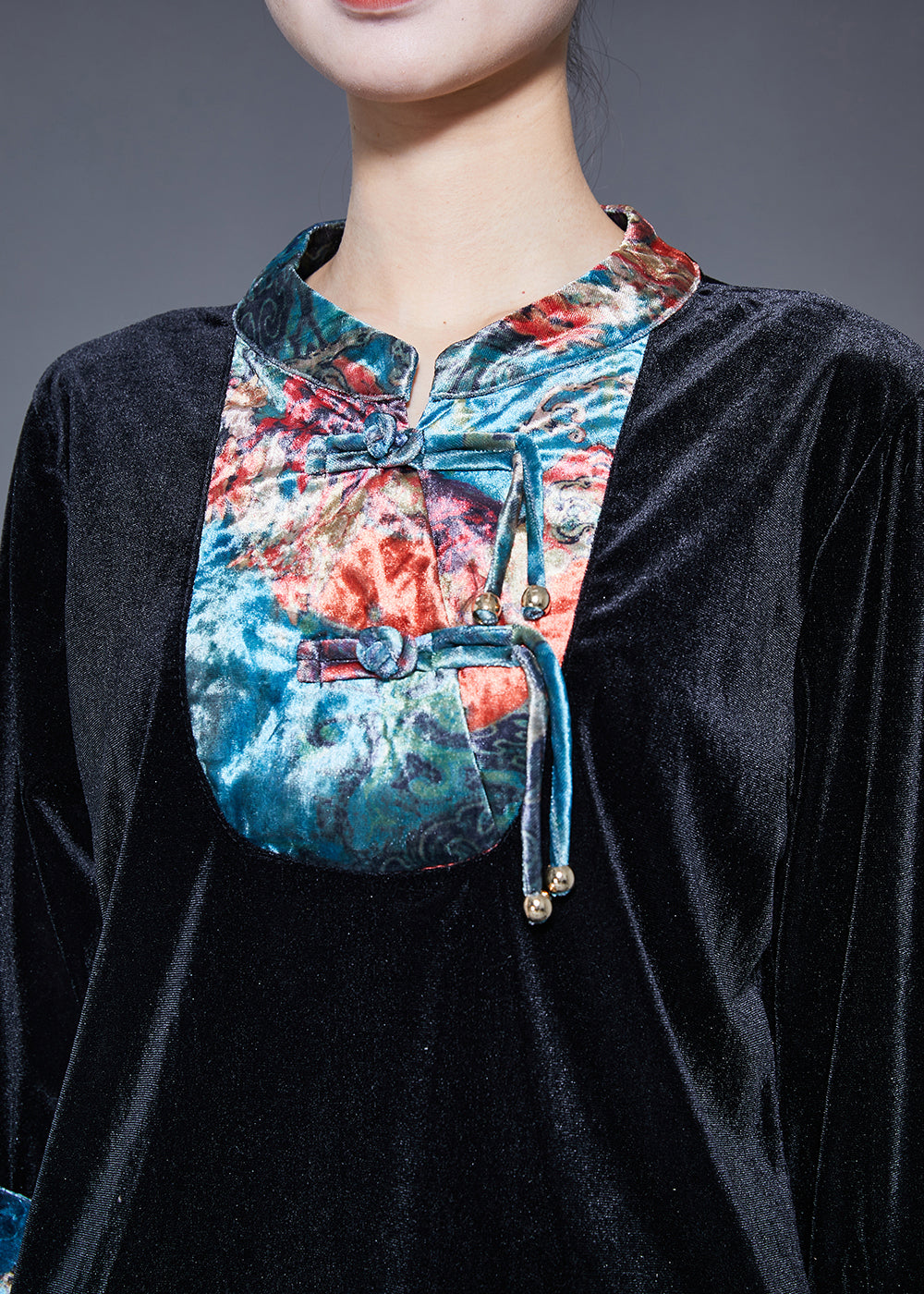 Handmade Black Mandarin Collar Patchwork Tassel Silk Velour Oriental Women Sets 2 Pieces Summer LY5385 - fabuloryshop