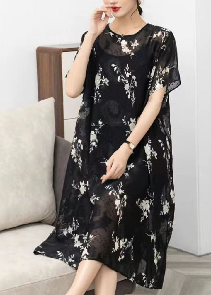 Handmade Black O Neck Print Patchwork Chiffon Dress Summer Ada Fashion
