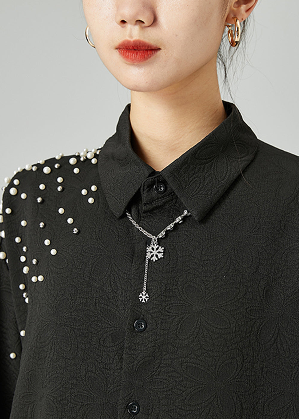 Handmade Black Oversized Nail Bead Jacquard Cotton Blouses Short Sleeve LY2468 - fabuloryshop